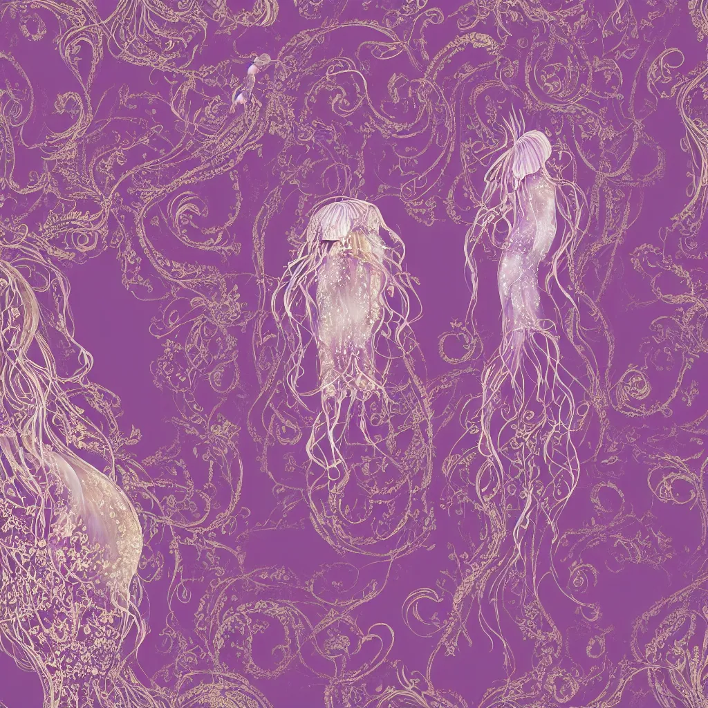 Prompt: purple dress design in the style of rococo ,Victorian era，jellyfish and Goldenlace element,dreamy, soft ,Backlight ,luminescence,Aetherpunk,highly detailed,8k