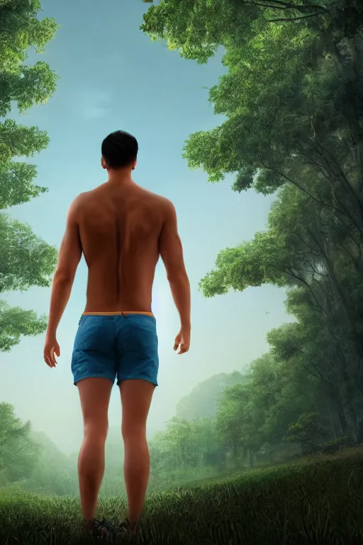 Image similar to young man with wavy black shoulder length hair, muscular back, plain cotton shorts, back view, trees, detailed forest background, webtoon, breathtaking scenery, colourful, 8 k, graphic novel, digital art trending on artstation, volumetric lighting, octane render, cinematic, hyper detailed, magical atmosphere