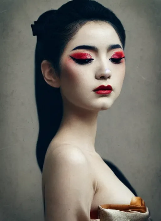 Prompt: pretty seductive geisha with a slit in her kimono revealing a glimpse of her bare shoulder, epic character composition, by Afarin Sajedi, Alessio Albi, Nina Masic, trending on instagram, great coherency, soft focus, vertical portrait, natural lighting, f2, 50mm, hasselblad, classic chrome, film grain, cinematic lighting, ISO 200, 1/160s, 8K, RAW, unedited, symmetrical balance, in-frame, trending on Artstation