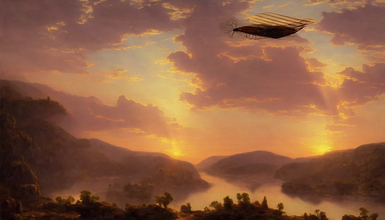 Image similar to a steam powered flying boat flies above a river valley at sunset, matte painting by frederic edwin church, golden hour, nature, fantasy art, trending on artstation, deviantart, behance, highly detailed, rule of thirds, crepuscular rays, steampunk