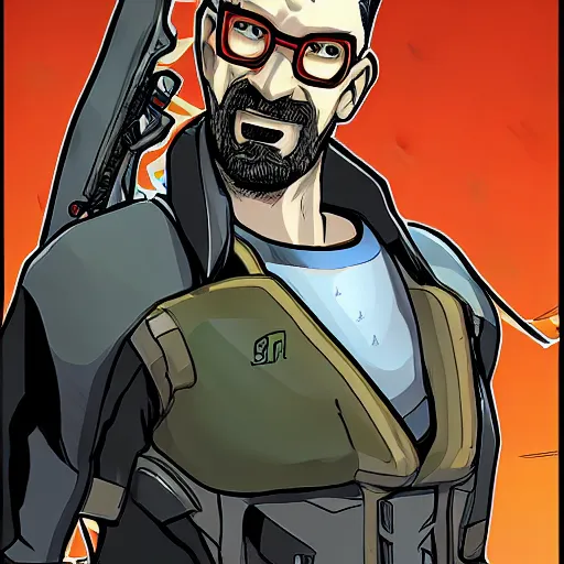 Prompt: Gordon Freeman of Half-Life 2 in the style of JoJo’s Bizarre Adventure, manga art, high-resolution scan