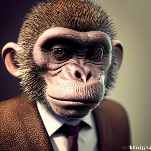 Image similar to Photography of ultra mega super hyper realistic detailed monkey by Hiromasa Ogura wearing cyberpunk style suit . Photo full lenght view on Leica Q2 Camera, Rendered in VRAY and DaVinci Resolve and MAXWELL and LUMION 3D, Volumetric natural light. Wearing cyberpunk suit with many details by Hiromasa Ogura .Rendered in VRAY and DaVinci Resolve and MAXWELL and LUMION 3D, Volumetric natural light