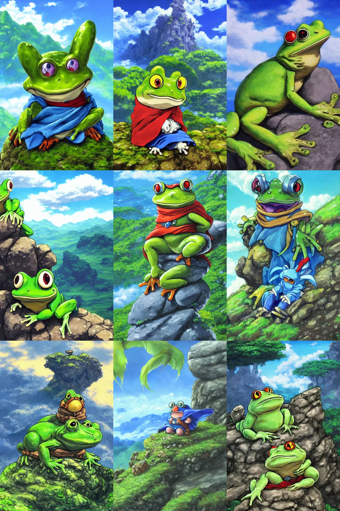 Prompt: chrono trigger frog character, blue cape, seated on top of a rock next to a lush green hillside, valley clouds, a detailed painting by hayao miyazaki, pixiv contest winner, plein air, 2 d game art, official art, detailed painting