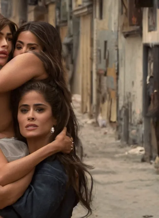 Image similar to film still of sofia vergara and salma hayek hugging in the ghetto, 4k.