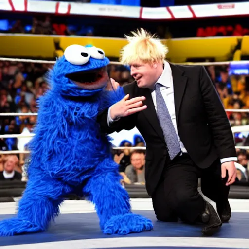 Image similar to Boris Johnson wrestling cookie monster in a wwe match