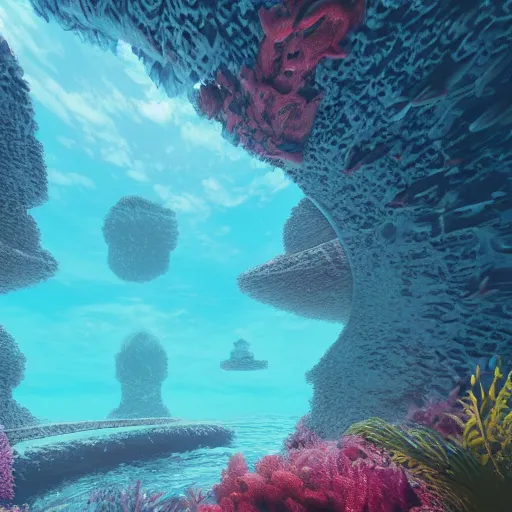 Prompt: a beautiful first person perspective digital illustration of a domed underwater palace near a coral reef teeming with life by beeple | Byzantine architecture | tropical fish | cinematic | unreal engine | octane | photorealistic |