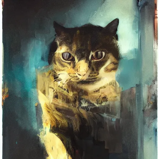 Image similar to nick offerman with body of a cat morphed together, hybrid, jeremy mann painting