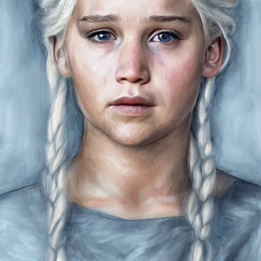 Image similar to portrait of the daughter of daenerys targaryen and jennifer lawrence as a young woman, hyperdetailed, hyperrealism.