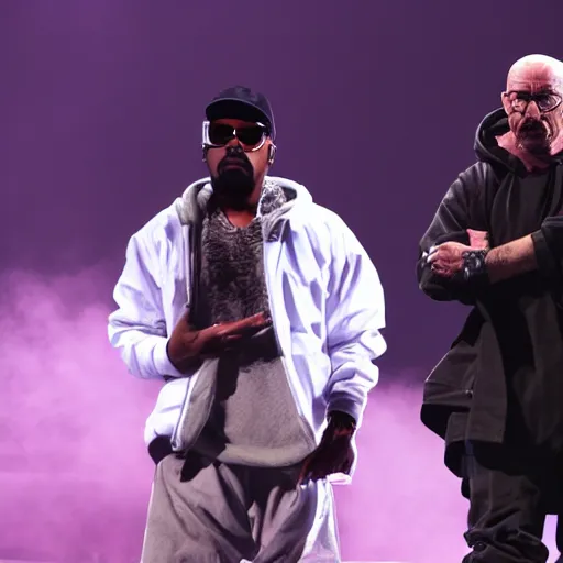 Prompt: Walter White performing alongside Kanye West at the Yeezus Tour