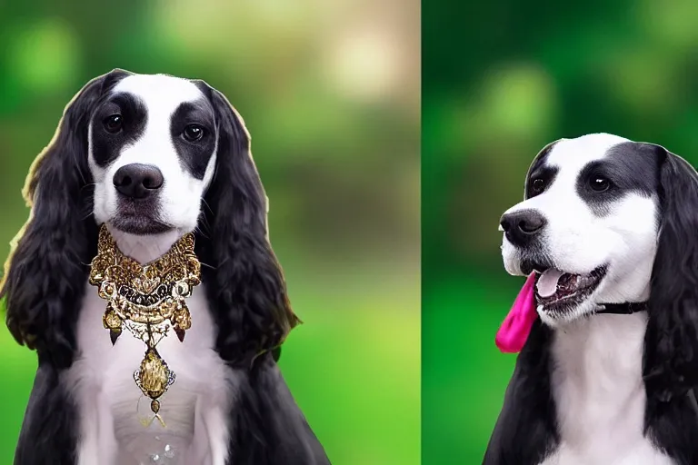 Prompt: realistic photo studio photoshop, cocker dog wearing jewlery and woman wig