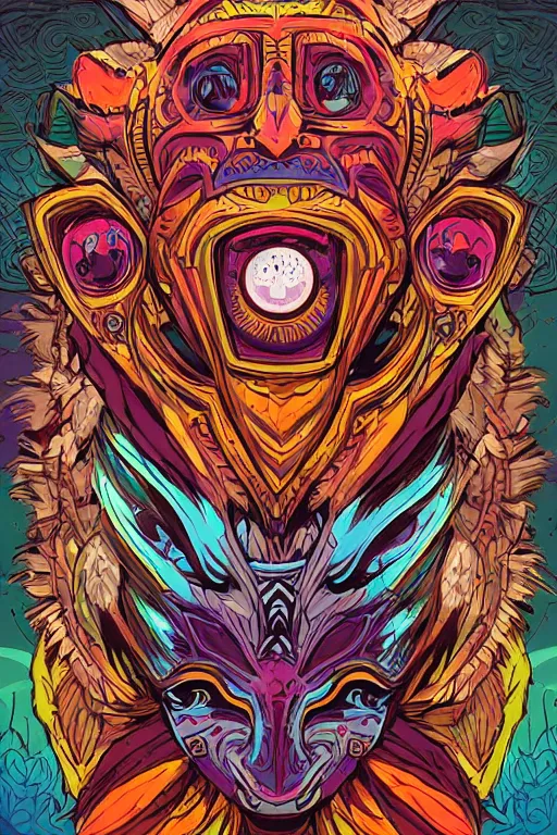 Image similar to totem animal mask tribal feather gemstone plant wood rock shaman vodoo video game vector illustration vivid multicolor borderlands comics by josan gonzales and dan mumford radiating a glowing aura