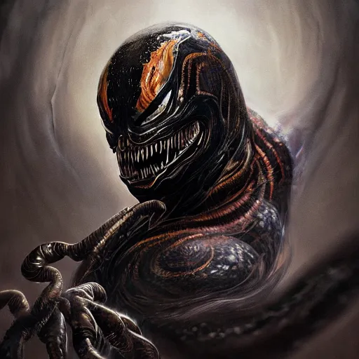 Image similar to portrait of venom, intricate artwork, concept art, octane render, deviantart, cinematic, key art, hyperrealism, iridescent accents, portrait photograph, nikon 3 5 mm, photograph by greg rutkowski