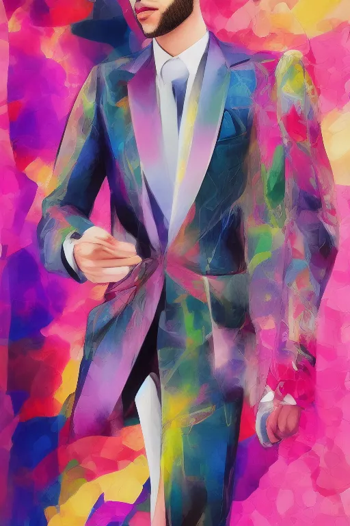 Image similar to hyper realistic male powersuit dapper look artwork of high - end haute couture bespoke fashion by ali sabet, lisa frank & sho murase