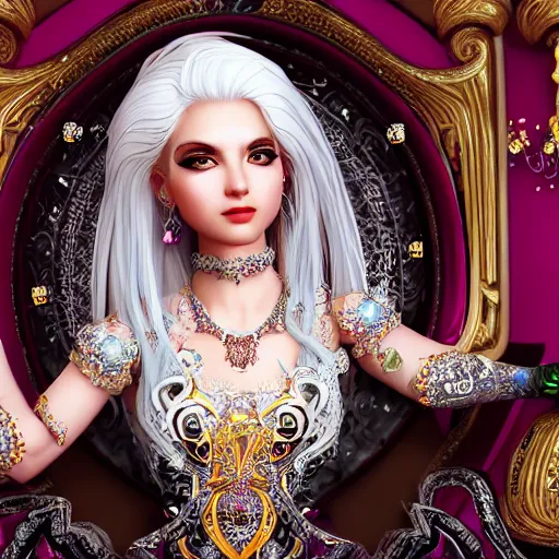 Prompt: portrait of pretty princess with white hair, beauty, ornate and intricate diamond jewelry, glowing, jaw dropping, ornate and intricate backdrop, white accent lighting, hyper detailed, 4 k octane render