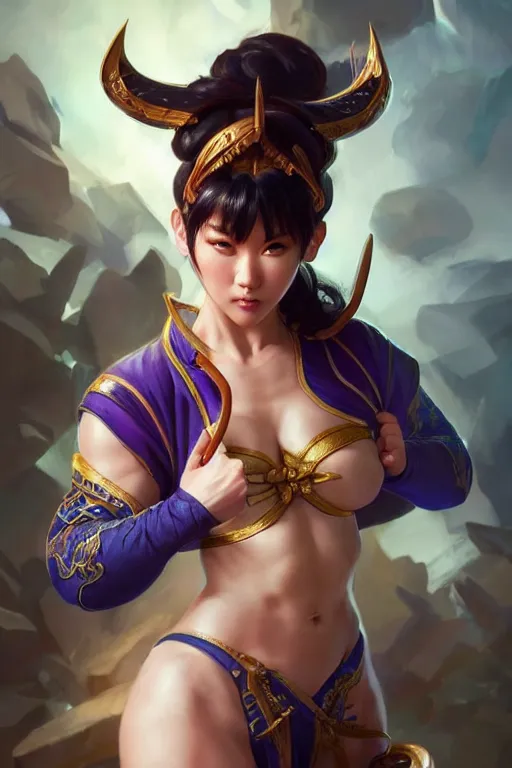 Image similar to beautiful chun li, full body shot, d & d, fantasy, intricate, elegant, highly detailed, digital painting, artstation, concept art, matte, sharp focus, illustration, hearthstone, art by artgerm and greg rutkowski and alphonse mucha