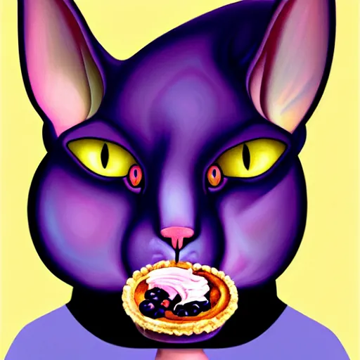 Image similar to an anthropomorphic sphynx cat fursona with big eyes eating a slice of blueberry pie, furry art, cute, oil on canvas, soft lighting