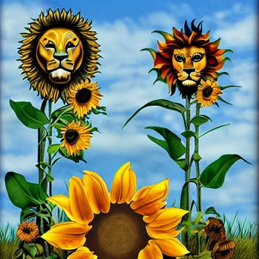 Image similar to lions and sunflowers 🌻🌫 in the style of salvador dali