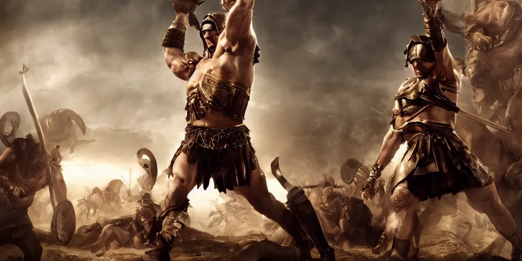 Image similar to bill gates as a glorious buff roman warrior, cinematic, dramatic lighting