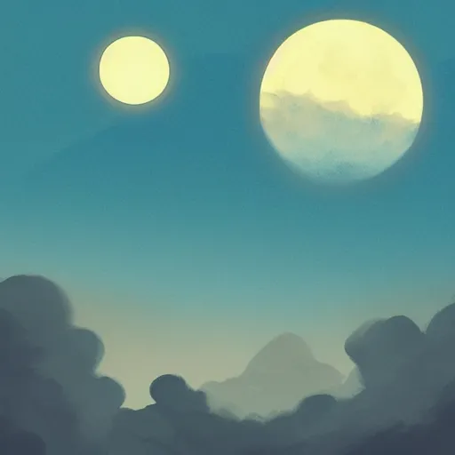 Image similar to a moon shining behind a cloudy night, cool color palette, matte painting in the style of studio ghibli