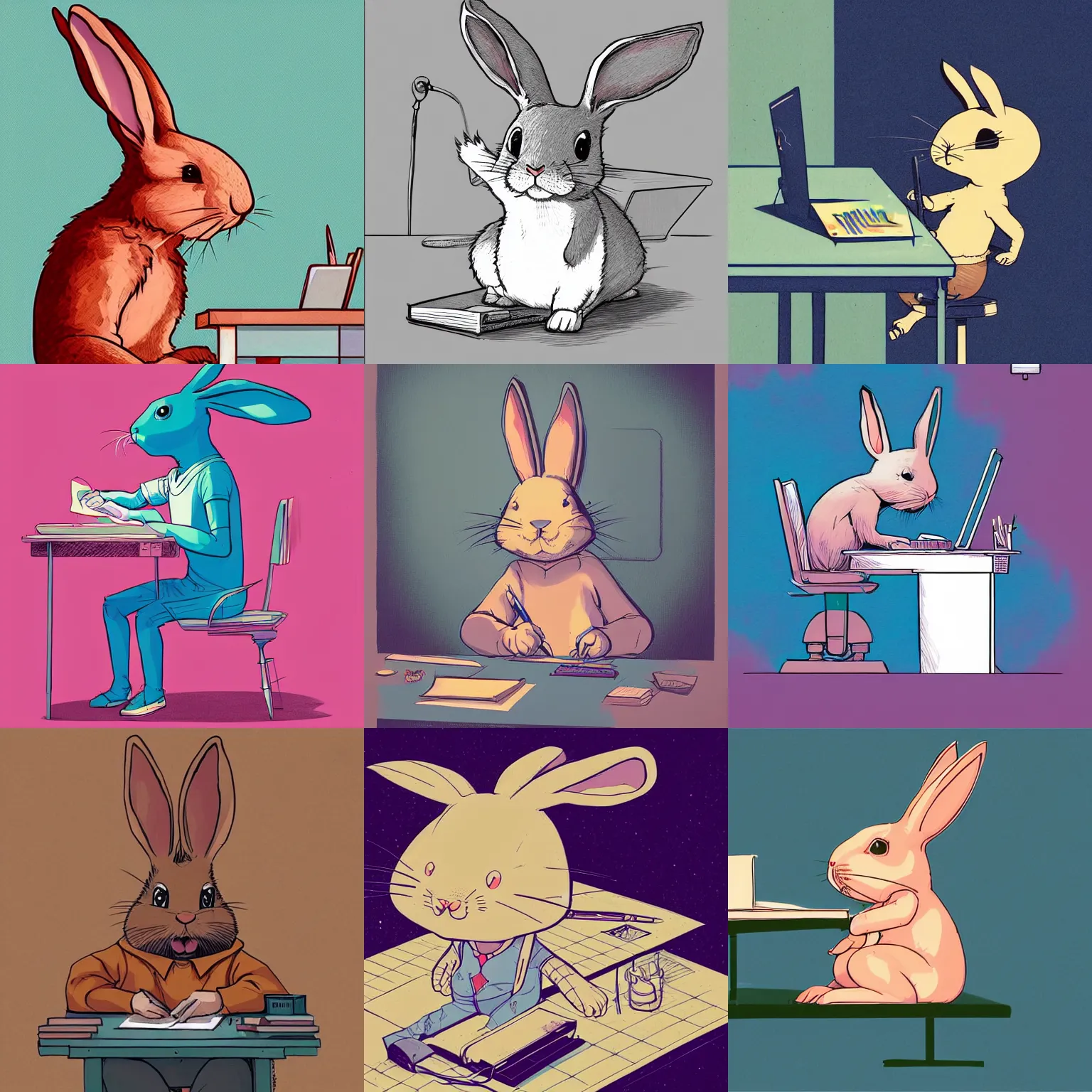 Prompt: a study of cell shaded portrait of a cartoon rabbit sitting at a desk writing on a notebook concept art, llustration, post grunge, concept art by josan gonzales and wlop, by james jean, Victo ngai, David Rubín, Mike Mignola, Laurie Greasley, highly detailed, sharp focus, alien, Trending on Artstation, HQ, deviantart, art by antgerm