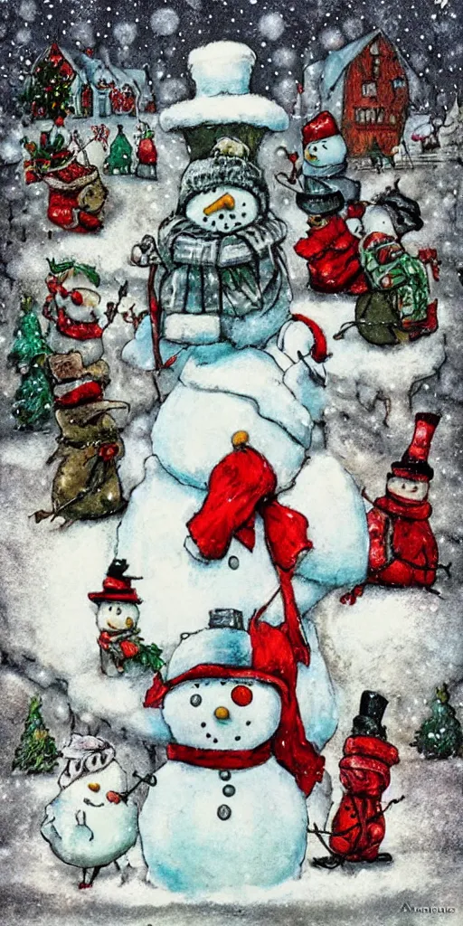 Image similar to a frosty snowman christmas scene by alexander jansson