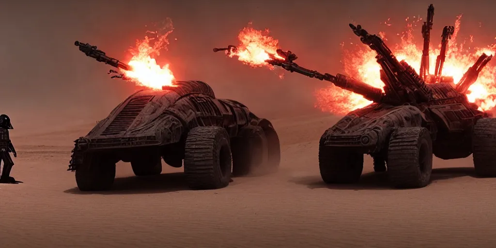 Prompt: Darth Vader standing on a driving armored post apocalyptic battle car in the desert and firing a flamethrower, Mad Max Fury Road, film, sandstorm, fire, realistic, center frame, symmetrical, spikes, flags, dust