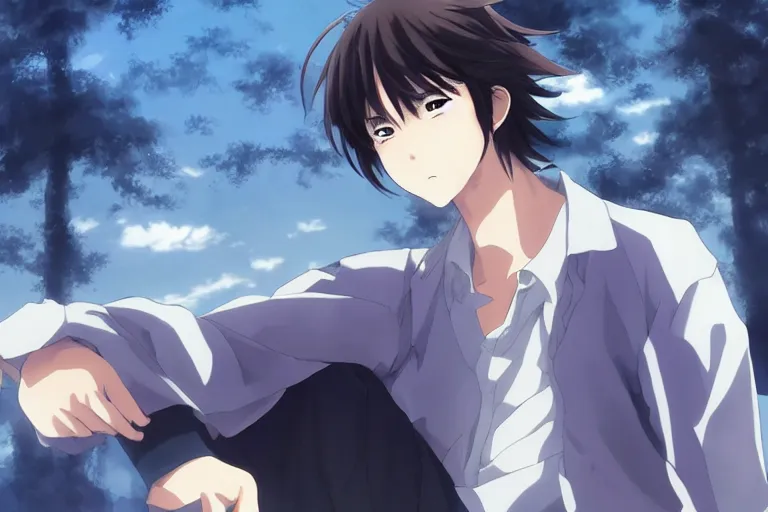 Image similar to A handsome anime man, handsome anime pose, style of Inoue Takehiko, background of Makoto Shinkai