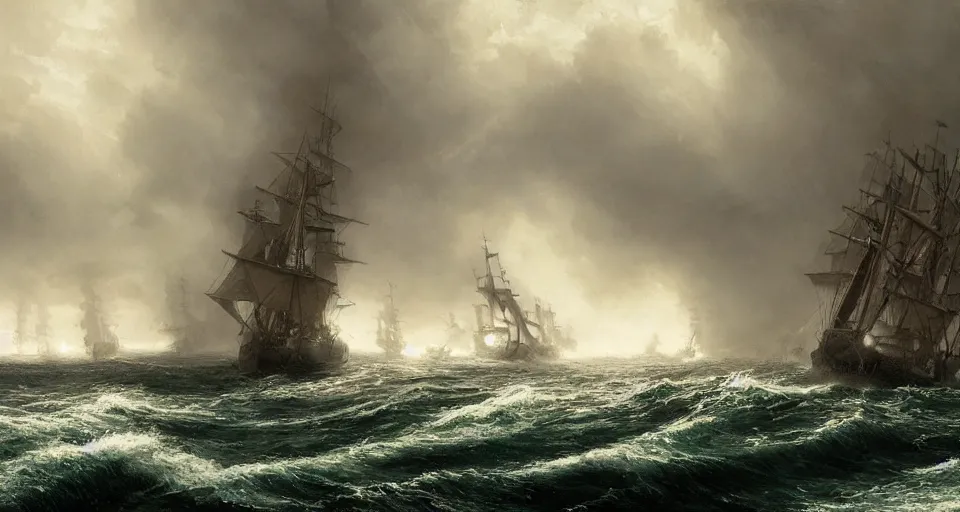 Image similar to giant sailing battleship with ten sails, raging sea foggy, dramatic, action scene, stormy background, shipfleet on the horizon, high detail, greg rutkowski, james gurney, gene wolfe, gustave dore, jesper ejsing, rhads, makoto shinkai, ilya kuvshinov