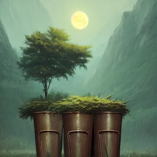 Prompt: low angle shot of a tree growing inside a trashcan in the foreground. overgrown. soft moon - lit over the mountains in the background. highly detailed, cinematic, beautiful, cgsociety, artstation, oil painting by greg rutkowski, by artgerm, by wlop