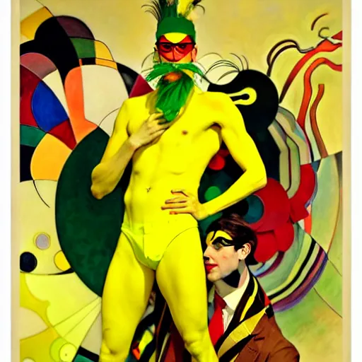 Image similar to art by joshua middleton, the yellow creeper, a tall manically smiling yellow - skinned man with green and black striped cycling shorts and wearing a long red feather boa, yellow makeup, mucha, kandinsky, poster, comic art, stylised design