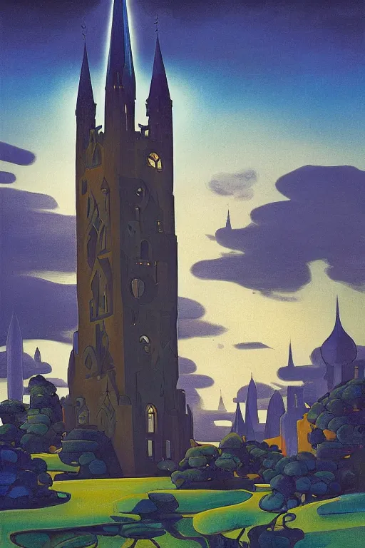 Image similar to view of the mysterious blue tower in its gardens after a storm, tall windows lit up, beautiful ornamental architecture, dramatic cinematic lighting, rich colors, by Nicholas Roerich and William Dyce and April Gornik and Sylvain Sarrailh and Ludwig Deutsch and Diego Rivera, fairytale illustration, featured on artstation