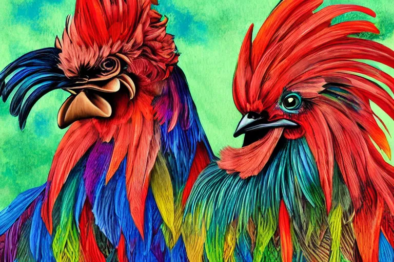 Image similar to illustration of an ominous rooster with feathers of many colors, by feifei ruan and javier medellin puyou and tim lord, lively colors, portrait, sharp focus, colored feathers, jungle