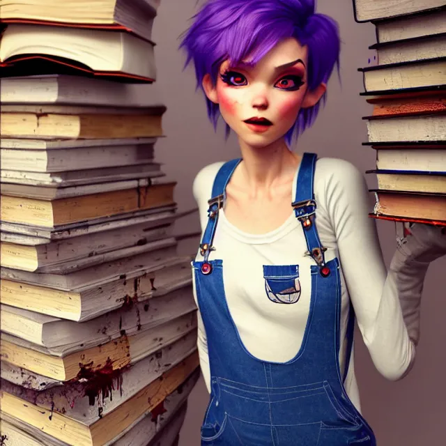 Image similar to full body pose, beautiful adult fairy, pixar, short white hair shaved sides, dirty, grungy, grunge, long sleeve, painted overalls, stacks of giant books, highly detailed, 4 k, hdr, smooth, sharp focus, high resolution, award - winning photo, artgerm, photorealistic