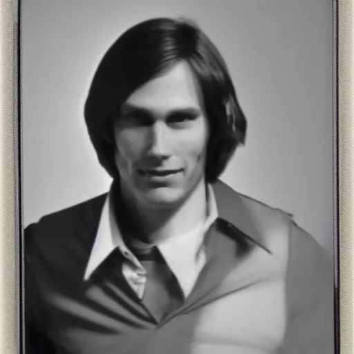 Image similar to A photograph portrait of Jerma985 with medium length wavy hair, a combover and wearing late 1970s popped collared menswear in the late 1970s, taken in the late 1970s, grainy, taken on a 1970s Polaroid Camera, realistic, hyperrealistic, very realistic, highly detailed, very detailed, extremely detailed, detailed, digital art, trending on artstation, front facing, front view, headshot and bodyshot, detailed face, very detailed face