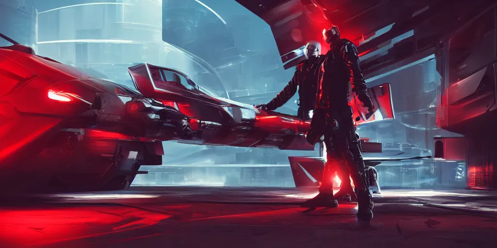 Prompt: cyberpunk concept inspired jet, futuristic look, highly detailed body, aerodynamic body, photorealistic camera shot, bright studio setting, studio lighting, crisp quality and light reflections, unreal engine 5 quality render, red and black tones, shooting