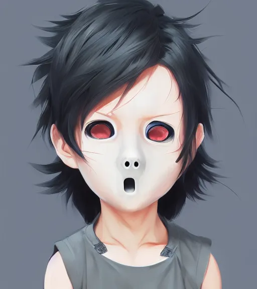 Prompt: beautiful little boy anime character inspired by jason voorhees, art by rossdraws, wlop, ilya kuvshinov, artgem lau, sakimichan and makoto shinkai, concept art, anatomically correct, extremely coherent, realistic, mask, smooth hd, 8 0 s haircut