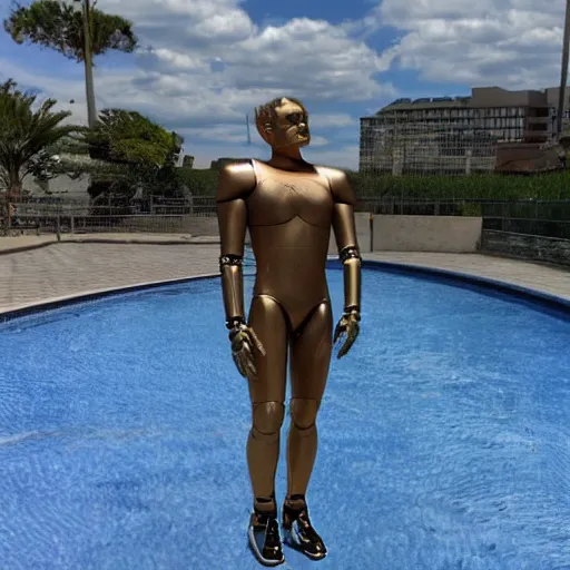 Prompt: a realistic detailed photo of a guy who is an attractive humanoid who is half robot and half humanoid, who is a male android, wrestler aj ferrari, shiny skin, posing like a statue, blank stare, by the pool, on display, showing off his muscles, humanoid robot, frozen ice statue