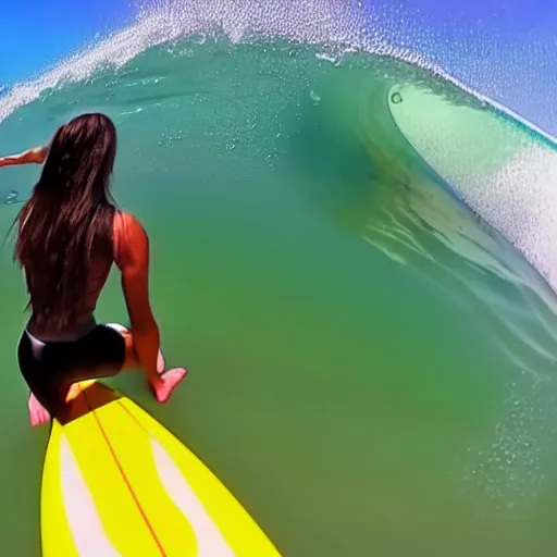 Prompt: gopro photo of a woman wearing heels on a surfboard riding a wave, very detailed, accurate face, 8 k