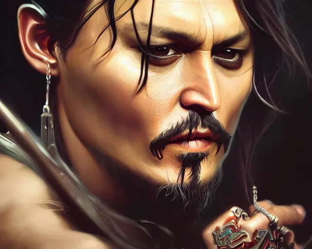 Image similar to photography of johnny depp, deep focus, d & d, fantasy, intricate, elegant, highly detailed, digital painting, artstation, concept art, matte, sharp focus, illustration, hearthstone, art by artgerm and greg rutkowski and alphonse mucha