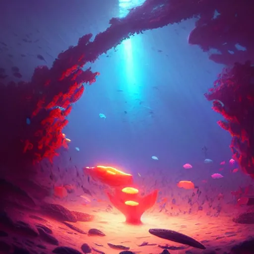 Image similar to bioluminescent coral reef, concept art, d & d, fantasy, highly detailed, masterpiece, volumetric lighting, digital painting, artstation, smooth, sharp focus, illustration, art by artgerm, by greg rutkowski