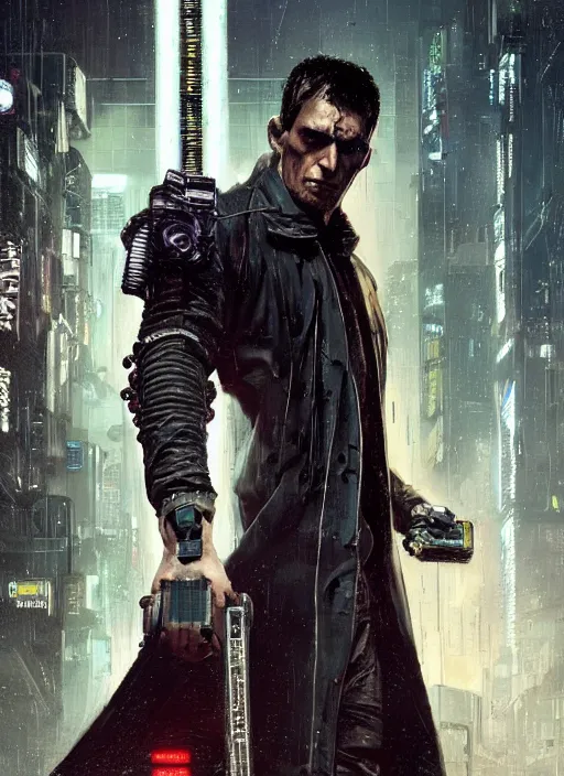 Prompt: frankenstein as a cyberpunk assassin in a cyberpunk stealth suit ( blade runner 2 0 4 9, cyberpunk 2 0 7 7 ). one punch. orientalist portrait by john william waterhouse and james gurney and theodore ralli and nasreddine dinet, oil on canvas. cinematic, hyper realism, realistic proportions, dramatic lighting, high detail 4 k