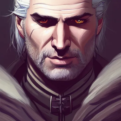 Prompt: a portrait of geralt of rivia, art by lois van baarle and loish and ross tran and rossdraws and sam yang and samdoesarts and artgerm and saruei and disney, digital art, highly detailed, intricate, sharp focus, trending on artstation hq, deviantart, unreal engine 5, 4 k uhd image
