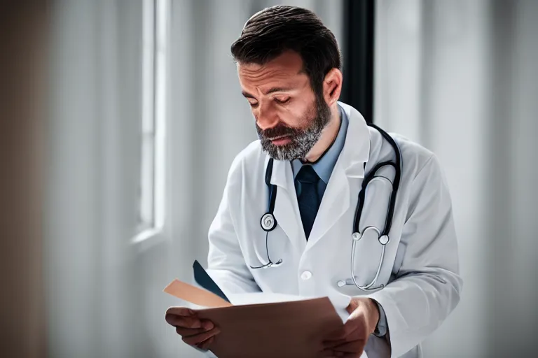 Prompt: a cinematic headshot portrait of an doctor reading his notes, moody lighting, movie still, shallow depth of field, muted colors