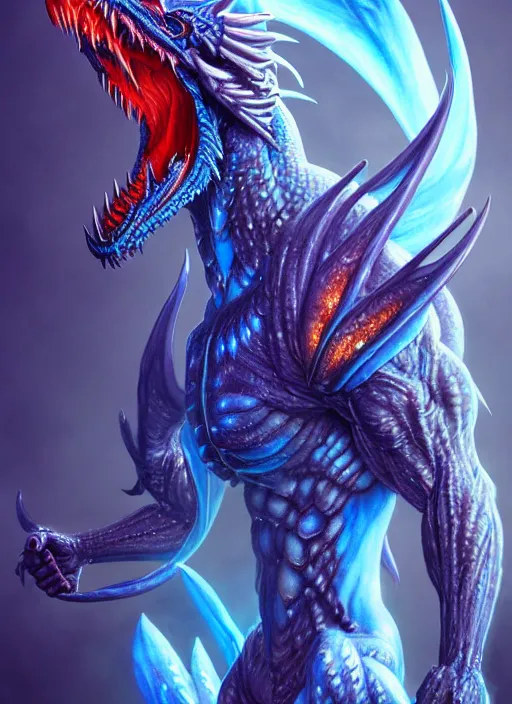 Image similar to muscular and tall blue ghostly fire humanoid dragon!!!! draconian!! intricate ornate iridescent exoesqueleton!! character concept art, sharp focus, octane render! unreal engine 5! highly rendered!! trending on artstation!! detailed linework!! illustration by artgerm, wlop, and chie yoshii