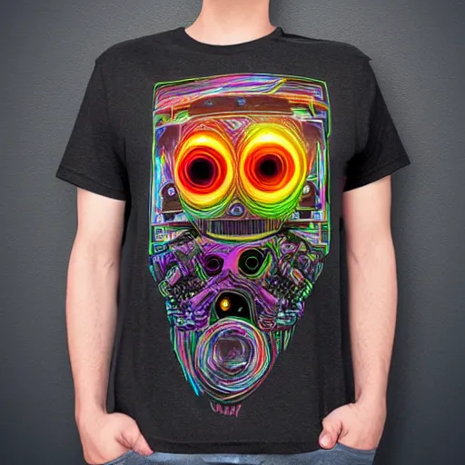 Image similar to black tshirt with a hyperdetailed portrait of a futuristic trippy cute robot head, 8 k, symetrical, flourescent colors, halluzinogenic, multicolored tshirt art,