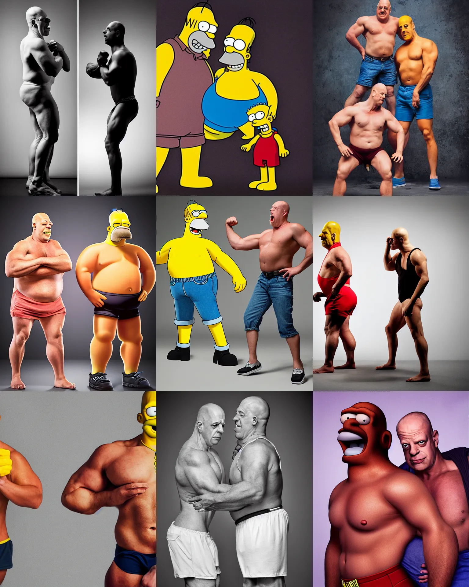 Prompt: photograph of Homer Simpson and Bart Simpson try bodybuilding, photorealistic in the style of Annie Leibovitz, Studio Lighting
