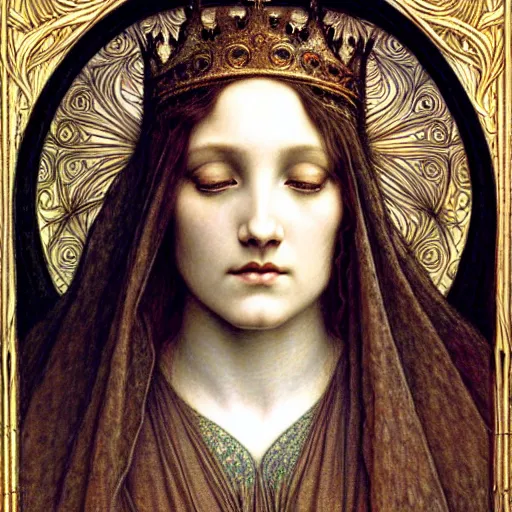 Image similar to detailed realistic beautiful young medieval queen face portrait by jean delville, gustave dore, ernst haeckel and marco mazzoni, art nouveau, symbolist, visionary, gothic, pre - raphaelite