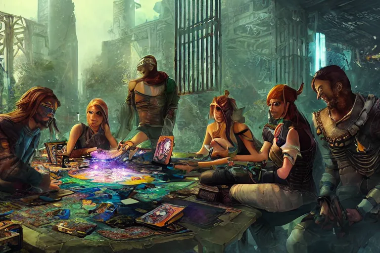 Image similar to group of magical warriors playing videogames and board games in the abandoned ruins at the outskirts of a cyberpunk tower city