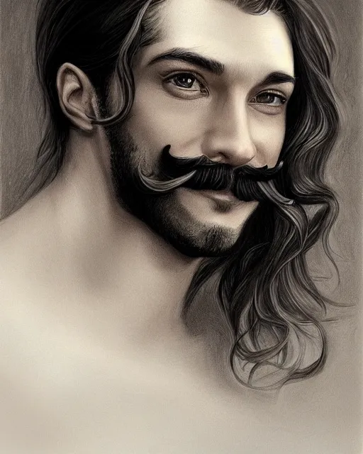 Image similar to a drawing of a man with long hair and a salvador dali mustache, an ultrafine detailed painting by Charlie Bowater, trending on Artstation, digital art, speedpainting, digital painting, artstation hq