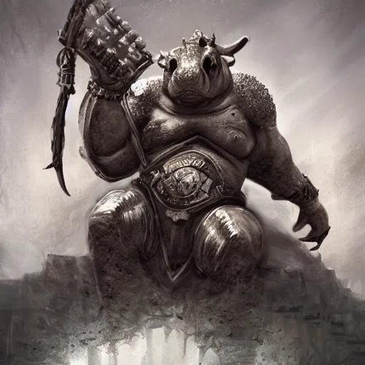 Image similar to Hippo, Anthropomorphized, as warlord general on skull throne, magic the gathering artwork, D&D, fantasy, cinematic lighting, centered, symmetrical, highly detailed, digital painting, artstation, concept art, smooth, sharp focus, illustration, volumetric lighting, epic Composition, 8k, art by Akihiko Yoshida and Greg Rutkowski and Craig Mullins, heroic pose, oil painting, cgsociety, Battlefield background, explosions, arrows